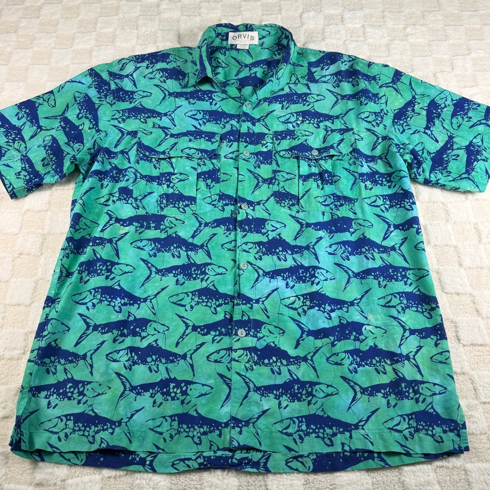 Orvis Mens XL Short Sleeve Cotton Tarpon Fish Print Button Down Shirt Teal Blue